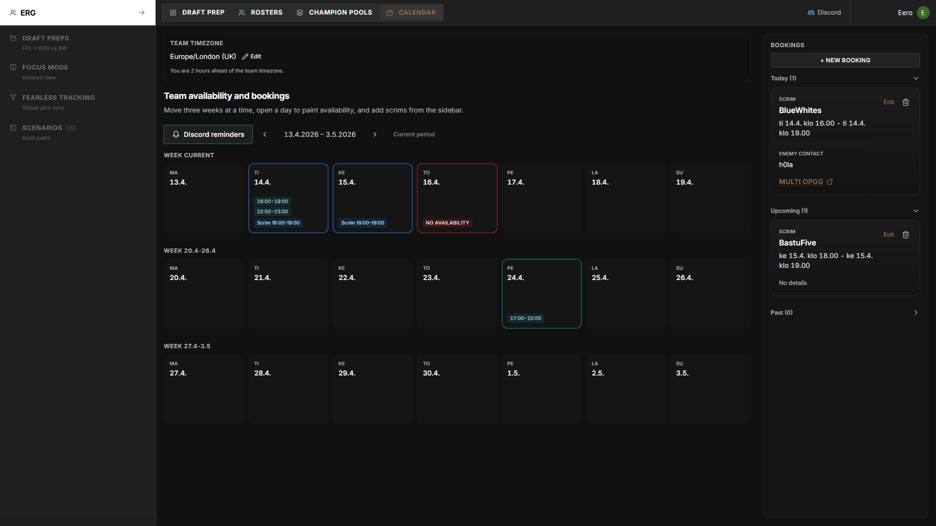 Drafter.lol team calendar with a scrim and an official match scheduled