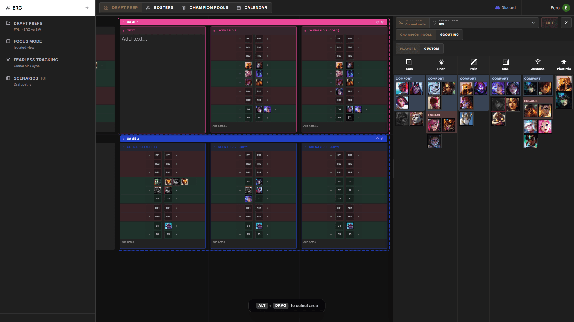 Drafter.lol draft prep board with a League of Legends draft scenario and champion pool sidebar